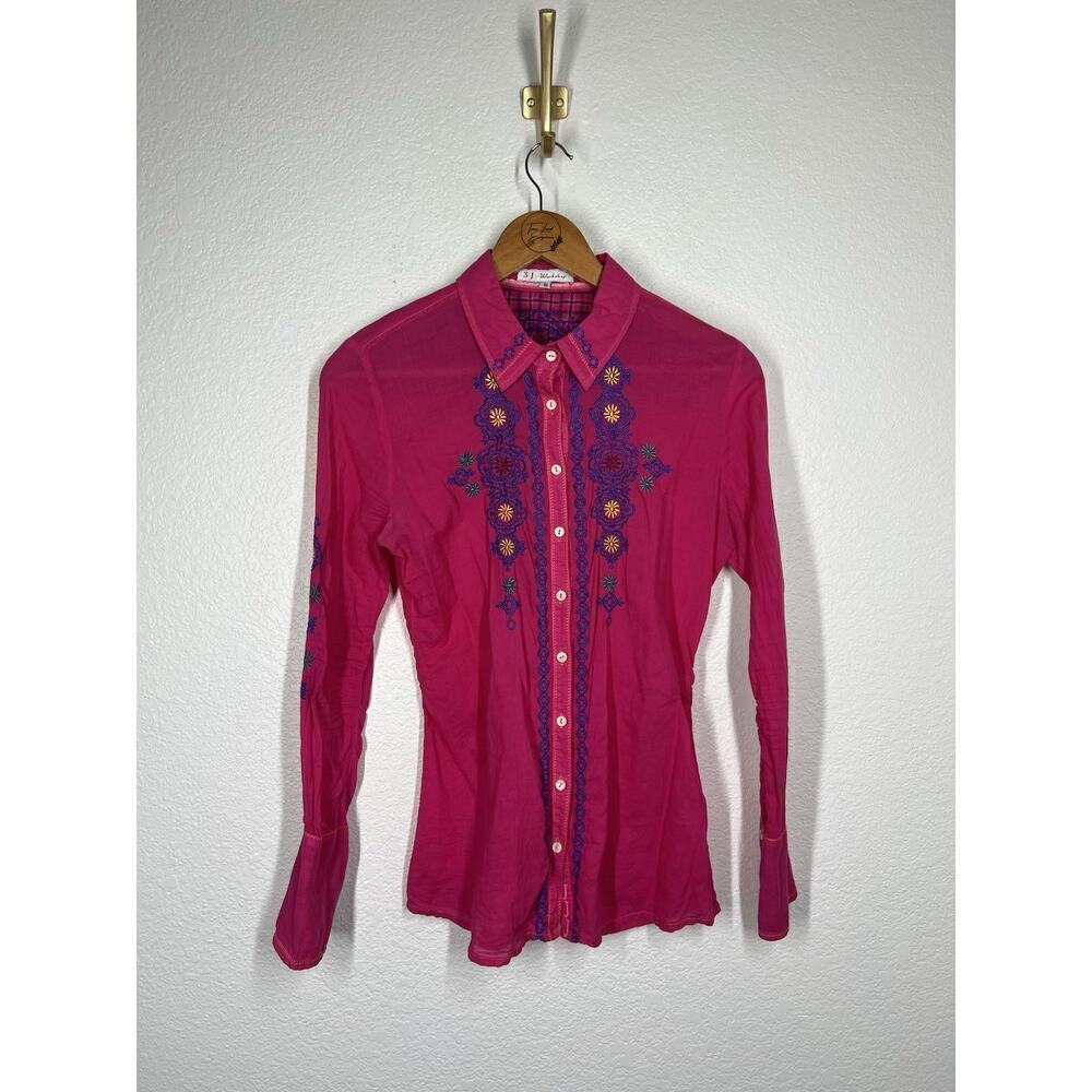Johnny Was 3J Workshop Embroidered Button Front Shirt Small Pink
